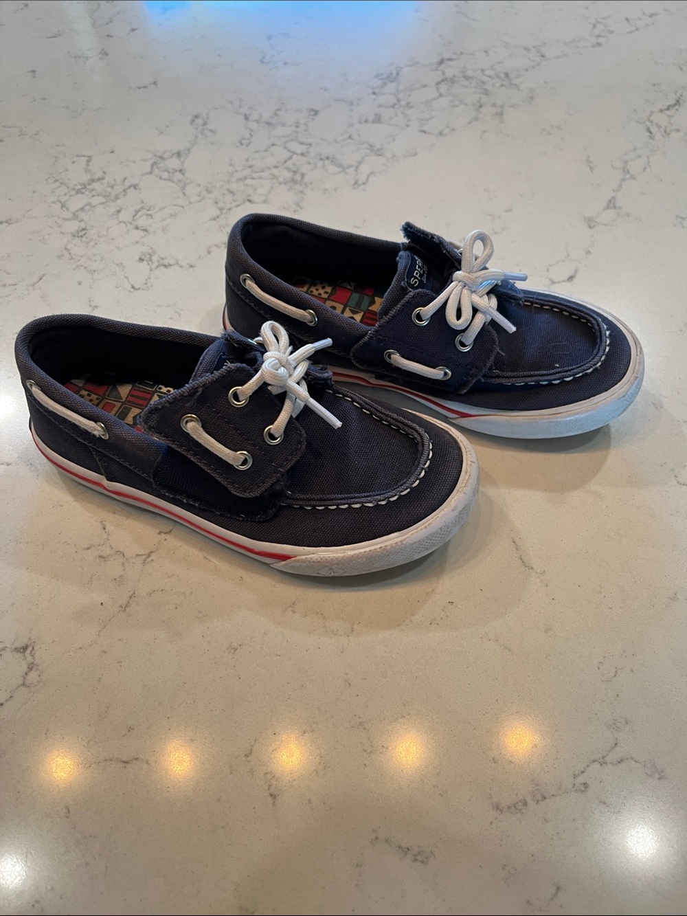 Kids Sperry Navy Canvas Boat Shoes with White Laces